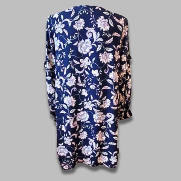 Eloquii Shift Dress Long Sleeve Tie-Neck Keyhole Ruffled Floral Navy Blue W 22 - Picture 2 of 7